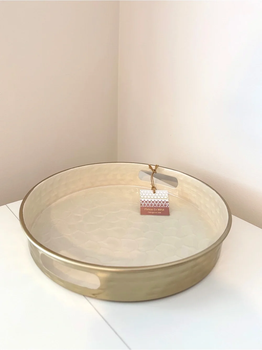 Round Gold Metal Serving Tray Hammered Decorative Handles 12” New